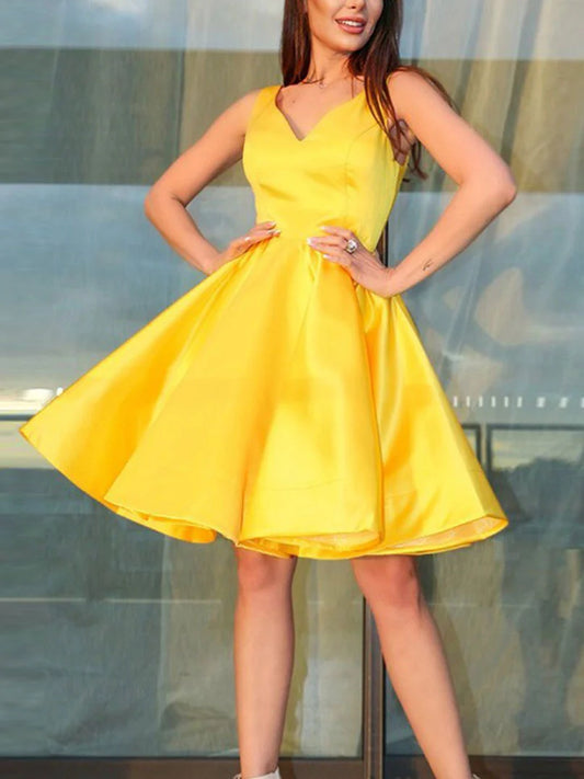 Amzcw Simple v neck yellow short prom dress yellow homecoming dress stores with prom dresses