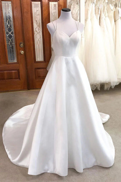 Amzcw Simple white satin long prom dress white evening dress formal wear dresses