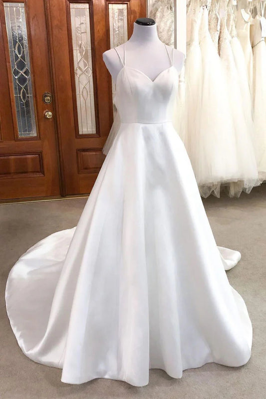 Amzcw Simple white satin long prom dress white evening dress formal wear dresses