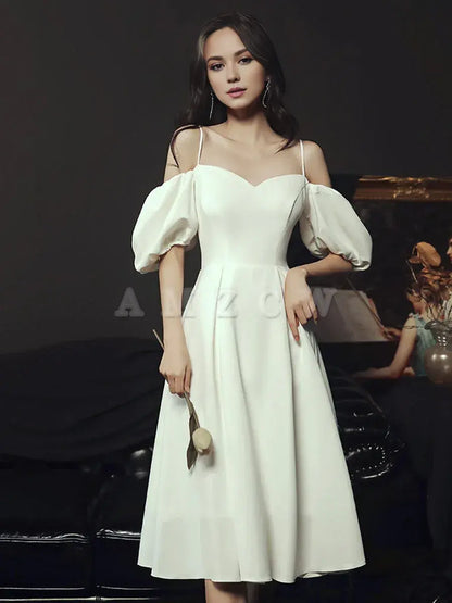 Amzcw Vestido de fiesta corto blanco sencillo con escote corazón, vestido de dama de honor blanco, tiendas de vestidos de fiesta 
