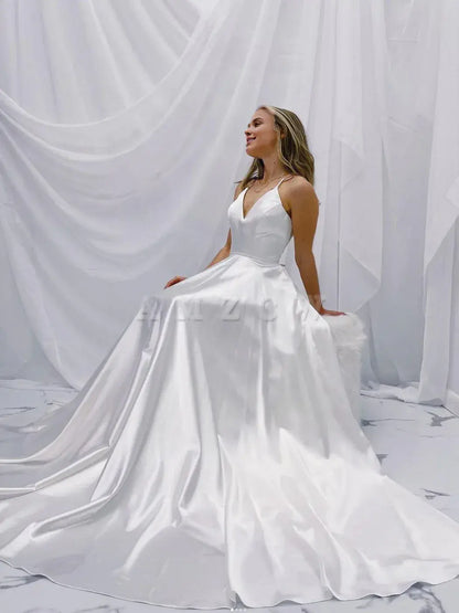 Amzcw Simple white v neck satin long prom dress white A line evening dress formal wear dresses