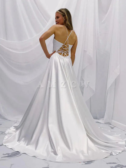 Amzcw Simple white v neck satin long prom dress white A line evening dress formal wear dresses