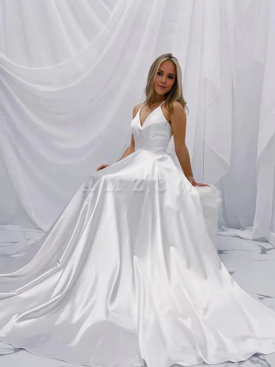 Amzcw Simple white v neck satin long prom dress white A line evening dress formal wear dresses