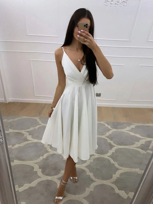 Amzcw Simple white v neck short prom dress white homecoming dress stores with prom dresses ﻿