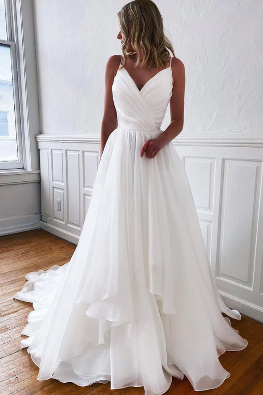 Amzcw Simple white v neck tulle long prom dress white tulle formal dress