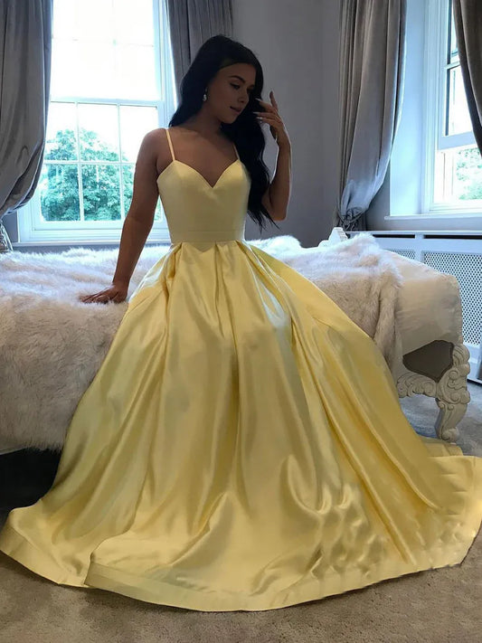 Amzcw Simple yellow satin long prom dress yellow evening dress stores with prom dresses