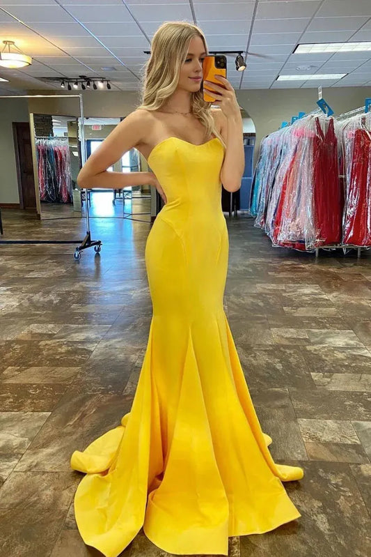 Amzcw Simple yellow satin long prom dress yellow formal dress New Arrivals