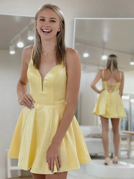 Amzcw Simple yellow v neck short prom dress yellow cocktail dress formal wear dresses