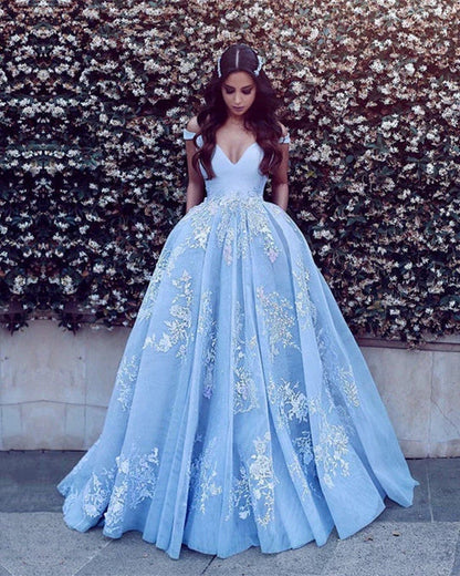 Apliques encantadores vestidos de fiesta con escote en V y hombros descubiertos 