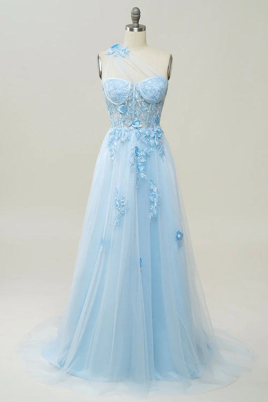 Sky Blue 3D Floral Lace One Shoulder Tulle A-Line Prom Dress For Events