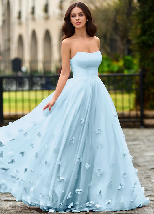Sky Blue 3D Floral Petal Strapless Ball Gown Prom Dresses