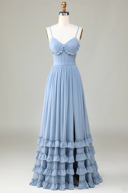 Sky Blue Chiffon Spaghetti Strap Ruffle Tiered Corset Back Prom Dress with Slit
