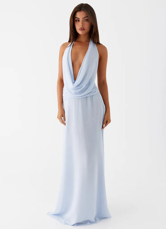 Sky Blue Cowl Neck Halter Prom Dress Open Back Maxi Gown