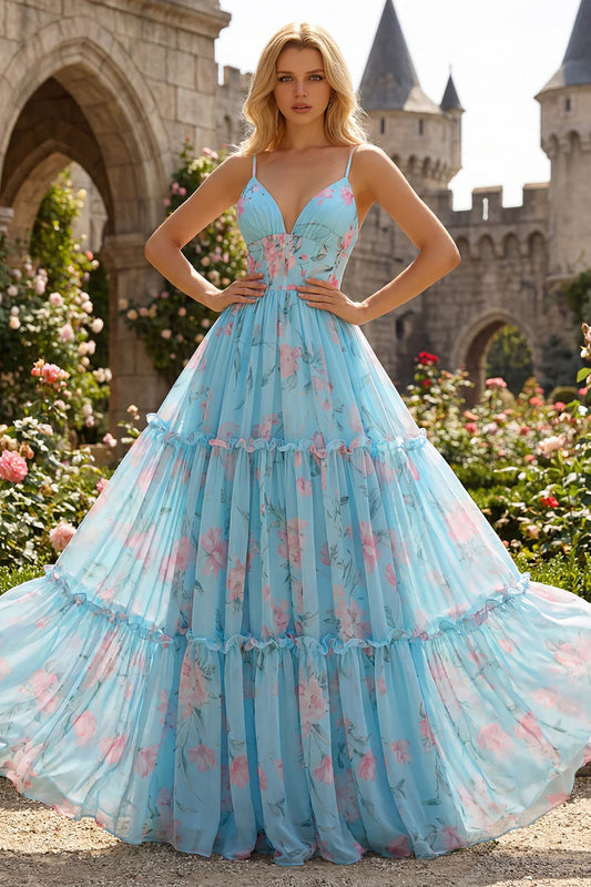 Sky Blue Floral Print Spaghetti Strap Tiered Ruffle A-Line Prom Dress with Open Back