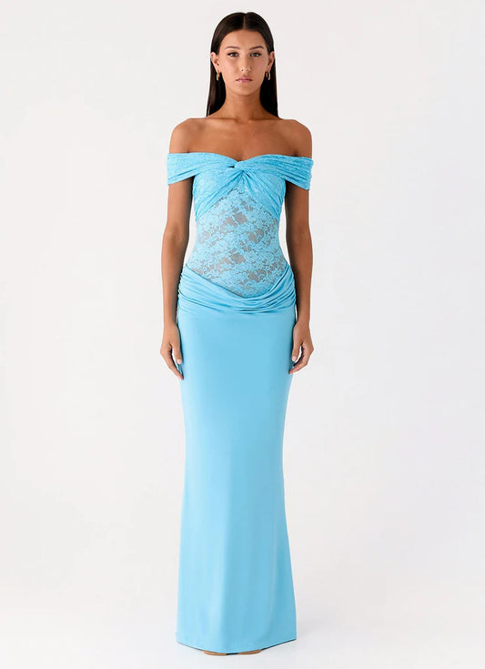 Sky Blue Lace Insert Off Shoulder Prom Dress Ruched Maxi Gown