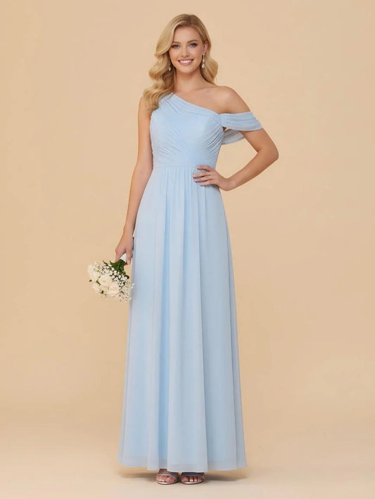 Sky Blue One Shoulder Ruched Chiffon A Line Prom Dresses