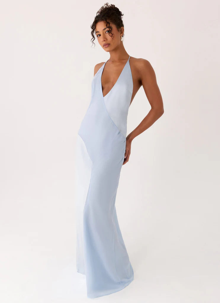 Sky Blue Satin Halter Neck Maxi Prom Dress with Open Back and Curved Seams
