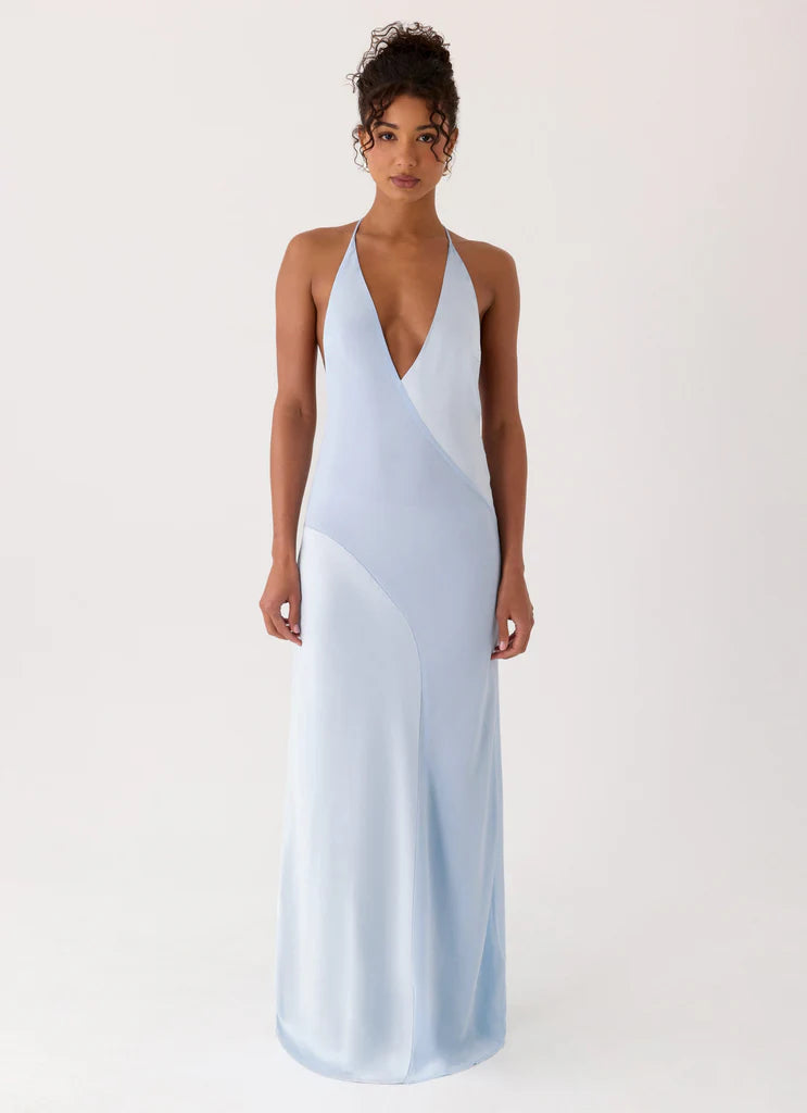 Sky Blue Satin Halter Neck Maxi Prom Dress with Open Back and Curved Seams