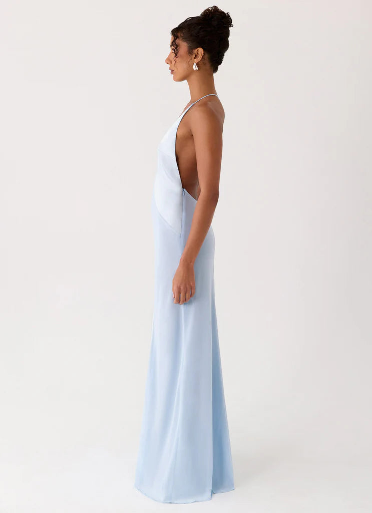 Sky Blue Satin Halter Neck Maxi Prom Dress with Open Back and Curved Seams