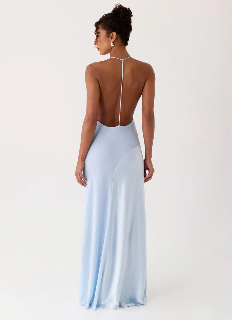 Sky Blue Satin Halter Neck Maxi Prom Dress with Open Back and Curved Seams