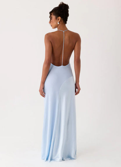 Sky Blue Satin Halter Neck Maxi Prom Dress with Open Back and Curved Seams