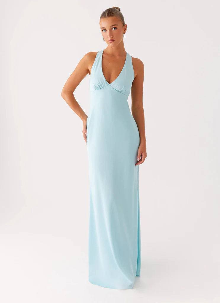 Sky Blue Satin Halter Neck Prom Dress Cross Back Maxi Gown with Ruched Bust