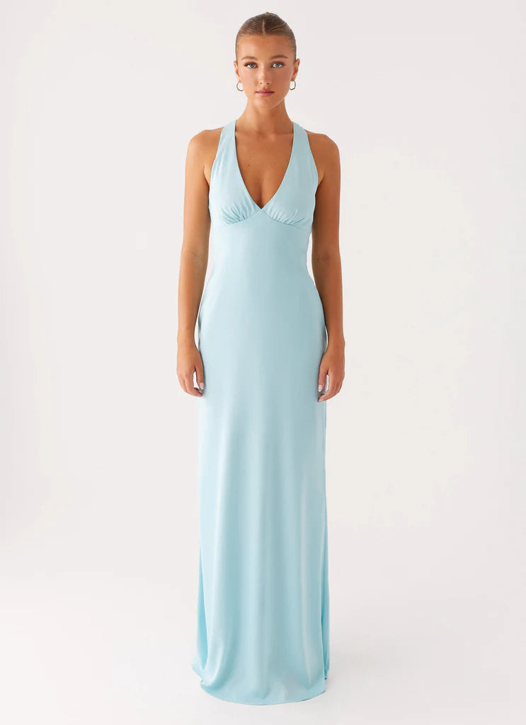 Sky Blue Satin Halter Neck Prom Dress Cross Back Maxi Gown with Ruched Bust