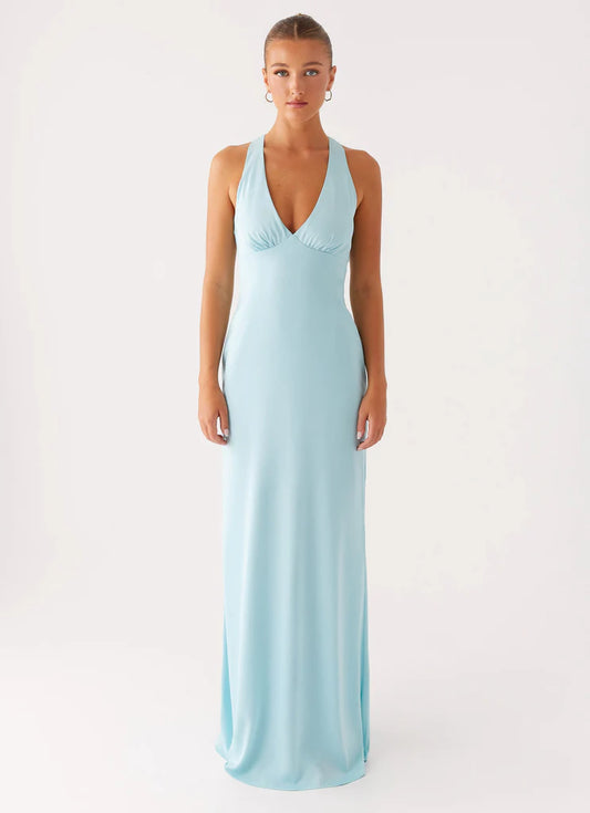 Sky Blue Satin Halter Neck Prom Dress Cross Back Maxi Gown with Ruched Bust