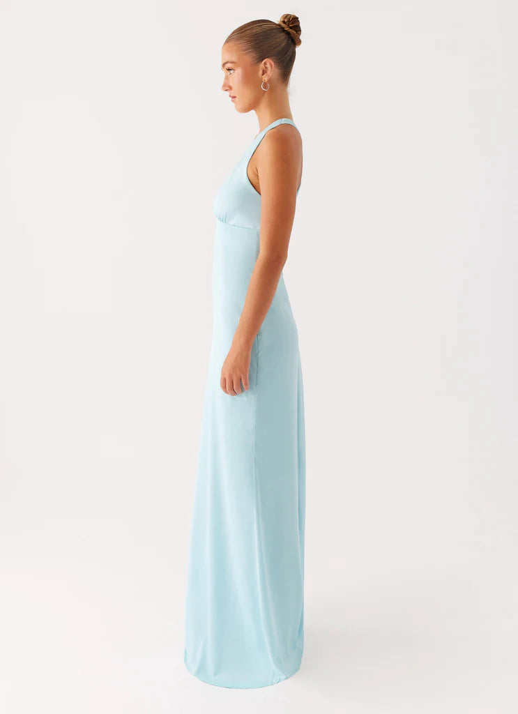 Sky Blue Satin Halter Neck Prom Dress Cross Back Maxi Gown with Ruched Bust