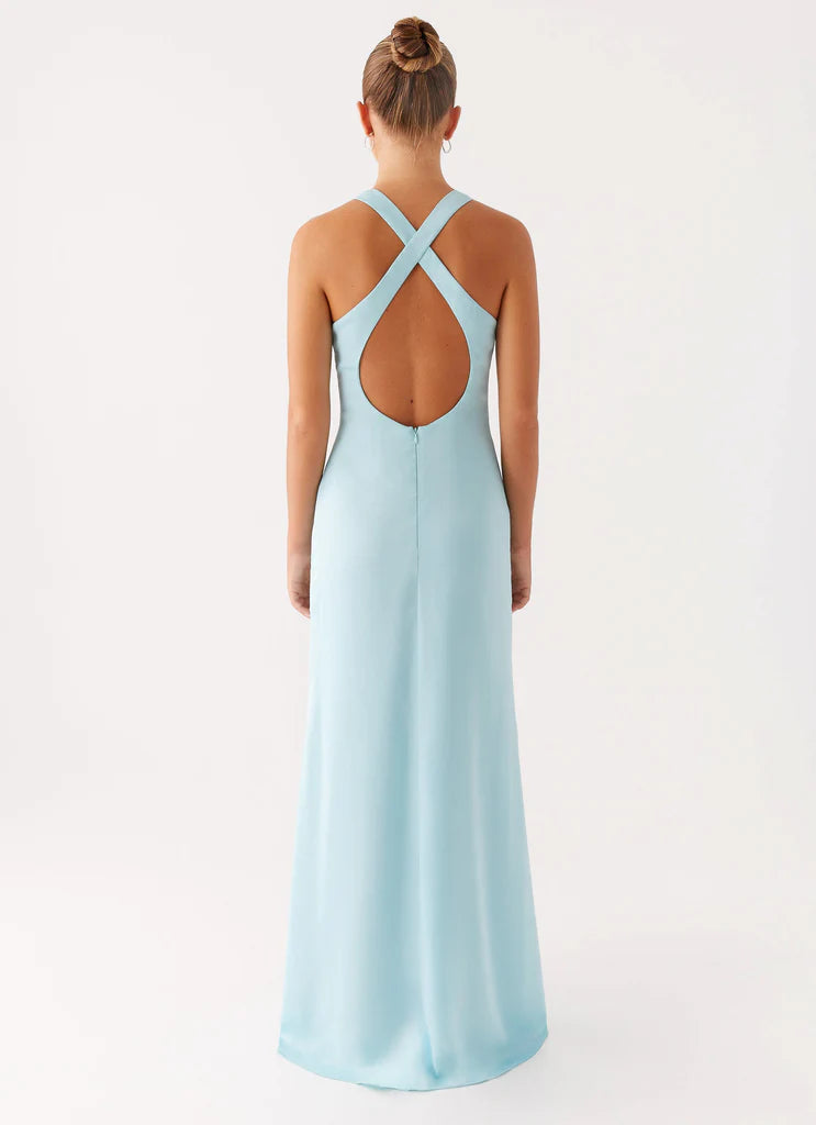 Sky Blue Satin Halter Neck Prom Dress Cross Back Maxi Gown with Ruched Bust