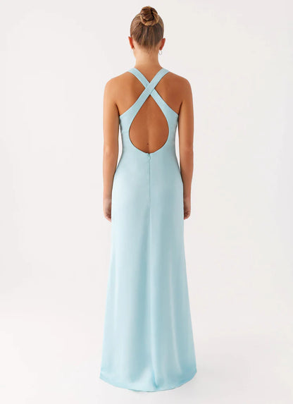 Sky Blue Satin Halter Neck Prom Dress Cross Back Maxi Gown with Ruched Bust