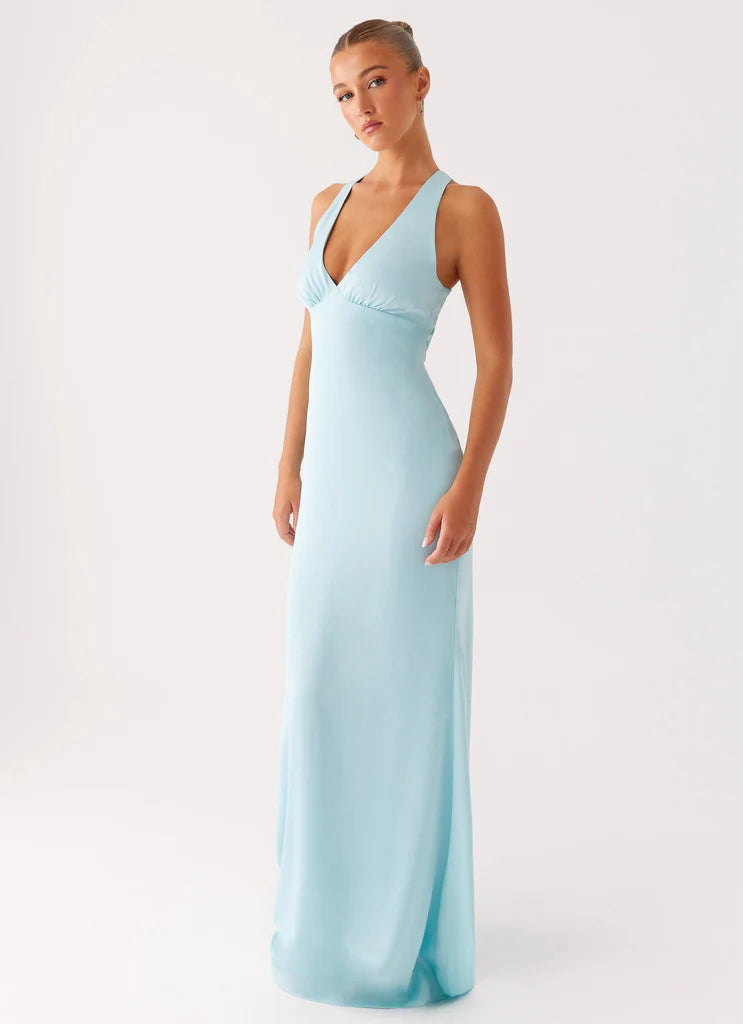 Sky Blue Satin Halter Neck Prom Dress Cross Back Maxi Gown with Ruched Bust