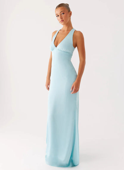 Sky Blue Satin Halter Neck Prom Dress Cross Back Maxi Gown with Ruched Bust