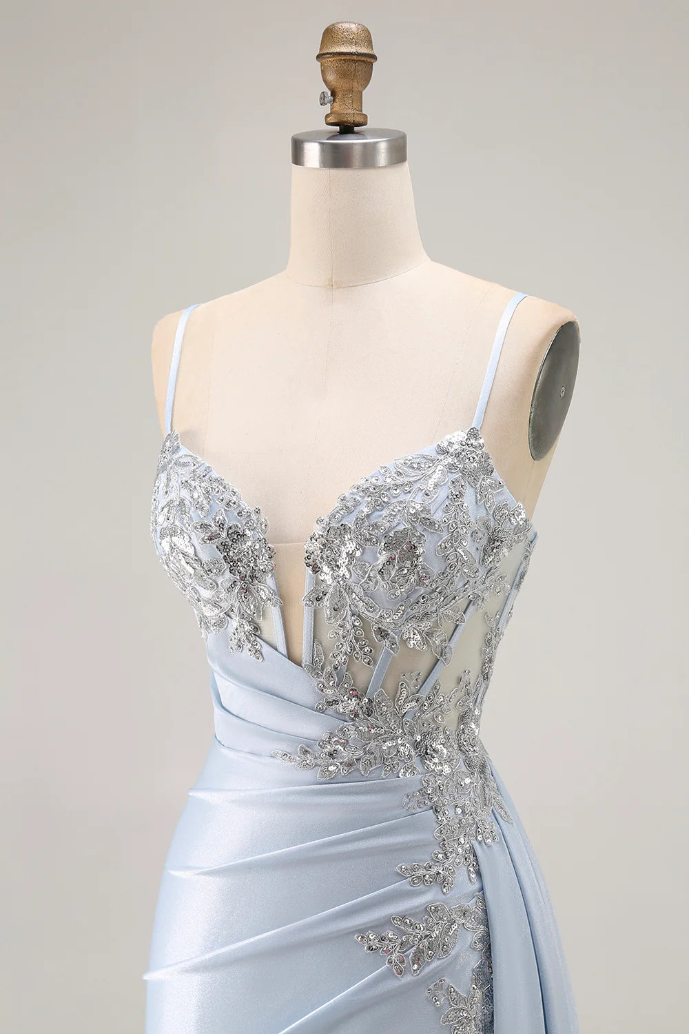 Sky Blue Spaghetti Strap Lace Applique Beaded Mermaid Maxi Prom Dress with Slit and Train