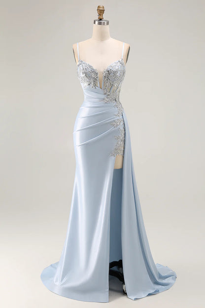 Sky Blue Spaghetti Strap Lace Applique Beaded Mermaid Maxi Prom Dress with Slit and Train