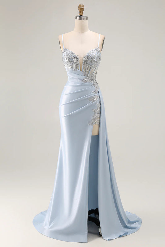 Sky Blue Spaghetti Strap Lace Applique Beaded Mermaid Maxi Prom Dress with Slit and Train