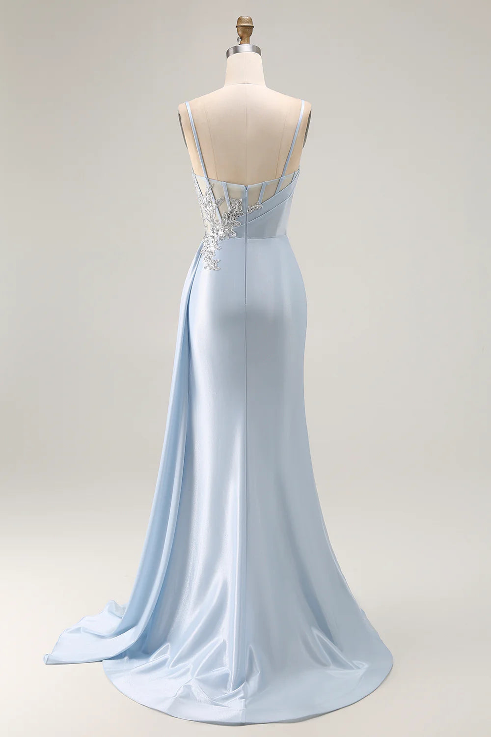 Sky Blue Spaghetti Strap Lace Applique Beaded Mermaid Maxi Prom Dress with Slit and Train