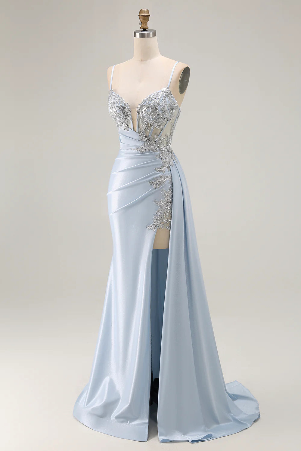Sky Blue Spaghetti Strap Lace Applique Beaded Mermaid Maxi Prom Dress with Slit and Train