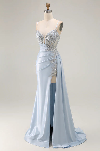Sky Blue Spaghetti Strap Lace Applique Beaded Mermaid Maxi Prom Dress with Slit and Train