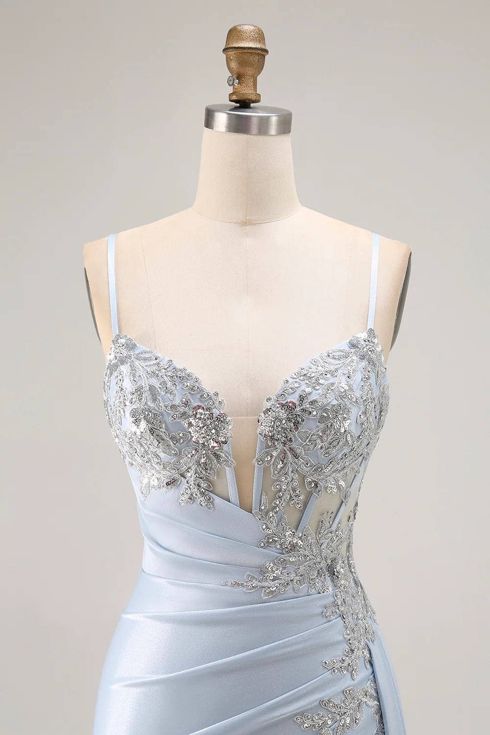 Sky Blue Spaghetti Strap Lace Applique Beaded Mermaid Maxi Prom Dress with Slit and Train