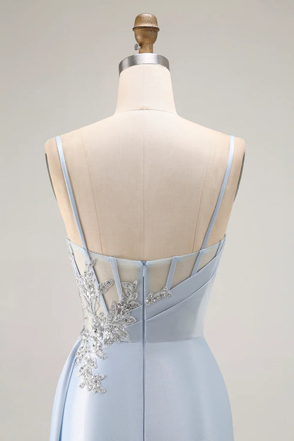 Sky Blue Spaghetti Strap Lace Applique Beaded Mermaid Maxi Prom Dress with Slit and Train