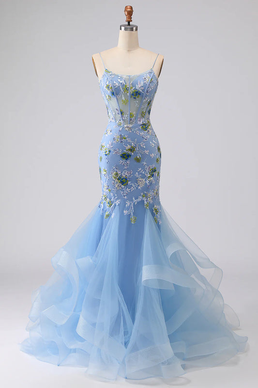 Sky Blue Spaghetti Strap Mermaid Prom Dress with Floral Embroidery and Lace-Up Back