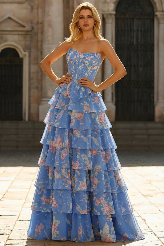 Sky Blue Strapless Floral Print Tiered Tulle Prom Dress with Corset Bodice