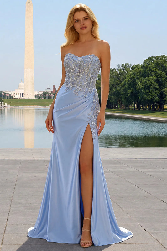 Sky Blue Strapless Lace Applique Beaded Mermaid Maxi Prom Dress with Slit and Train