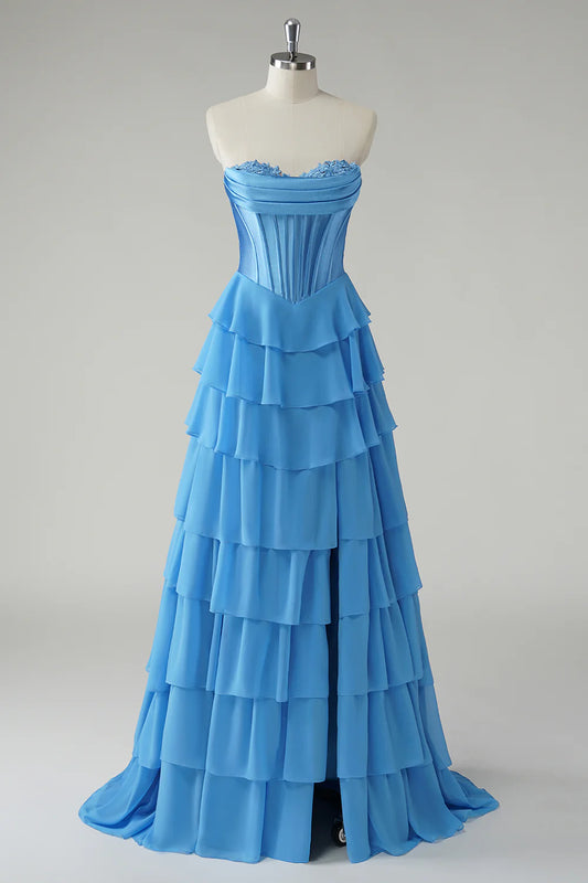 Sky Blue Strapless Lace Applique Corset Tiered Ruffle Maxi Prom Dress with Slit and Train