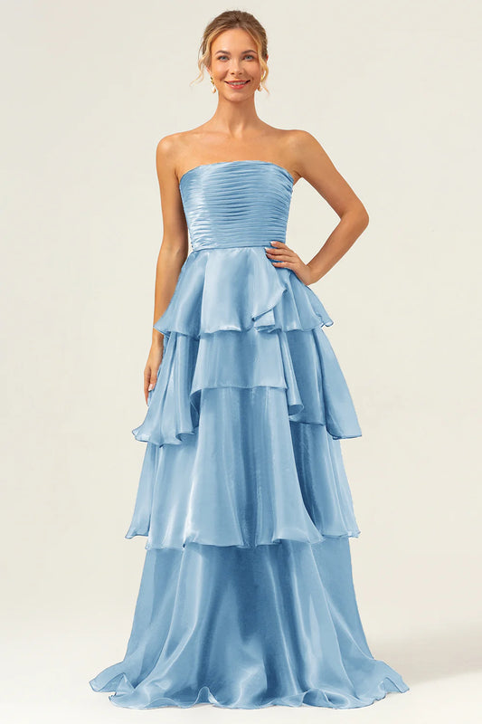 Sky Blue Strapless Ruched Bodice Tiered Ruffle A-Line Maxi Prom Dress