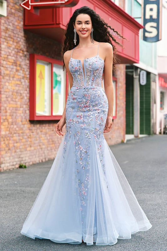 Sky Blue Tulle Spaghetti Strap 3D Floral Applique Lace-Up Back Mermaid Prom Dress