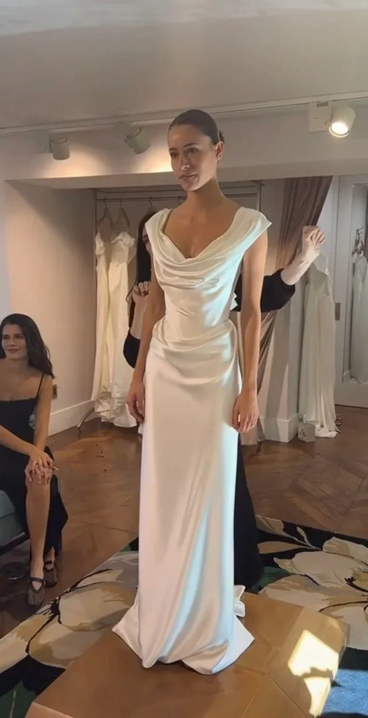 Sleek Draped Cowl-Neck Sleeveless Solid-Back Floor-Length Prom Dress