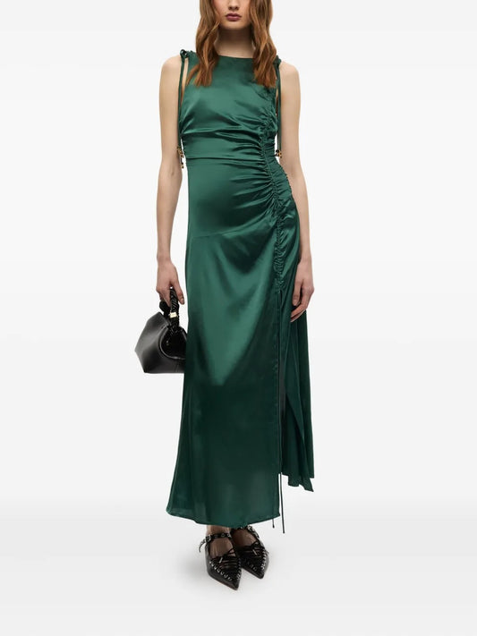 Sleek Emerald Green Satin Ruched Midi Dress