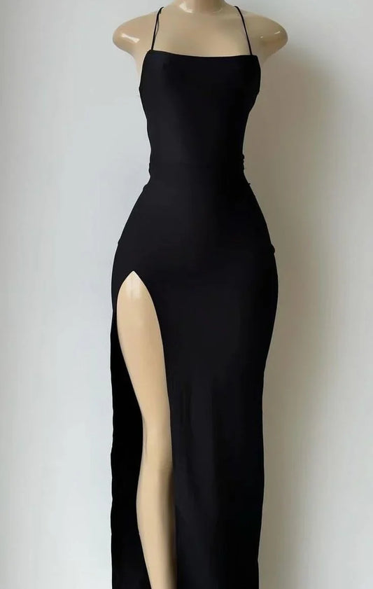 Sleek Fitted Square-Neck Spaghetti-Strap Crisscross-Back High-Slit Prom Dress